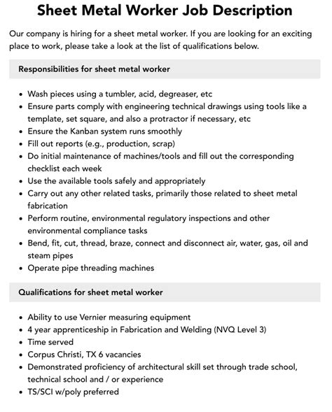 sheet metal work description|hvac sheet metal job description.